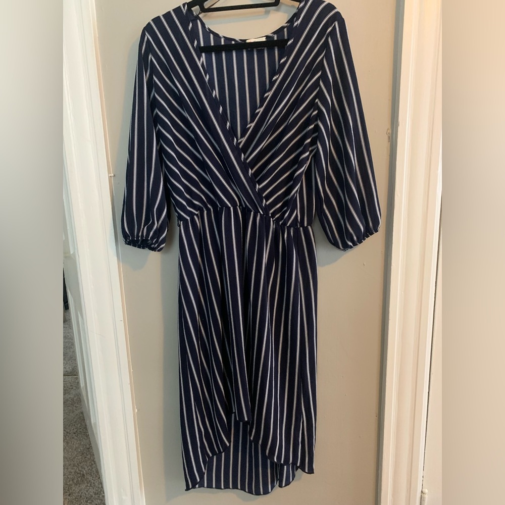 Fig & Olive Sheer Dress Navy Stripe 1X